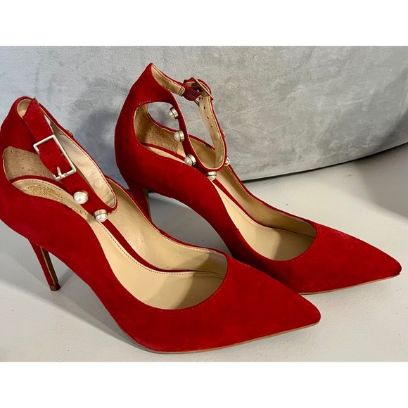 Vince Camuto Jassita Red Suede Jeweled Pearl Ankle Strap Pump - Size 7-1/2 - Picture 5 of 10